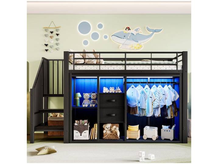 VUENOR Lit combiné mi-hauteur 90x200 cm noir avec LED rangements sans matelas