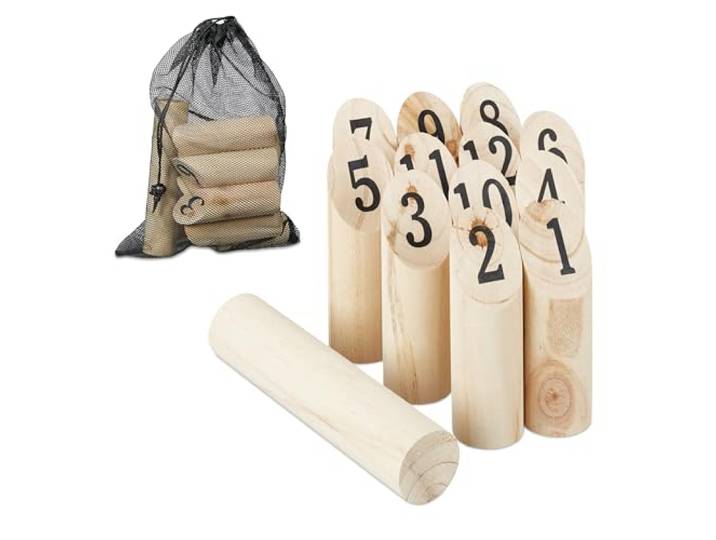 Relaxdays kubb spel, fins werpspel, hout, buitenspel, met getallen, volwassenen, kinderen, met opbergzak, zwart