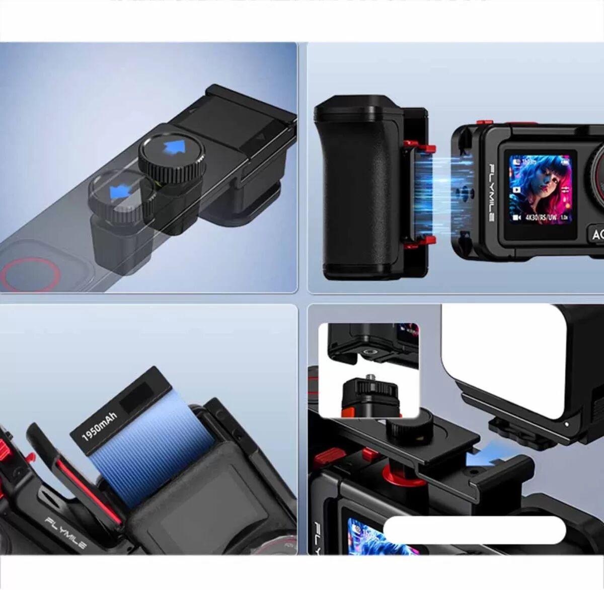 INF Street-Fotografie Griff-Kit für Action 5 – ABS+Aluminium Schutzkäfig mit magnetischer Schnellkupplung und verstellbarem