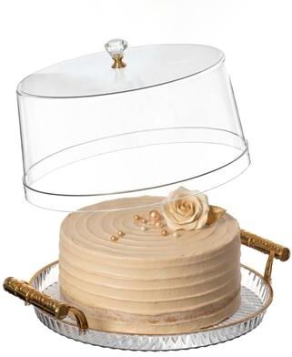 Basicwise Plastic Cake Stand with Clear Flat-Top Cover and Gold Handles Ribbed Serving Tray for Cupcakes Fruits Salads