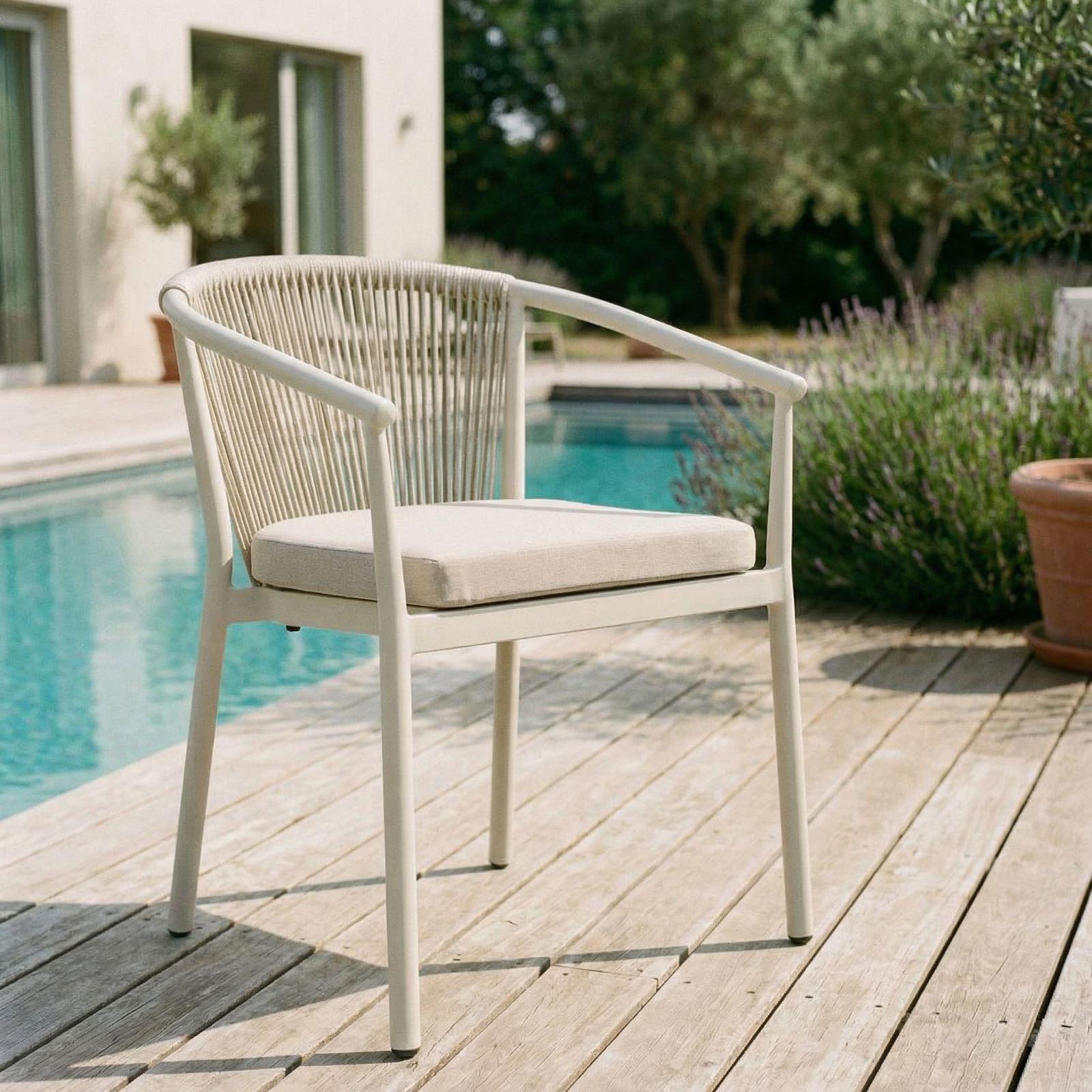 Gartenstuhl TAVOLO 6er Set, cremeweiß - wetterfestes Aluminiumgestell mit Rope-Rückenlehne und Sitzkissen, stapelbar pflegeleicht modern Gartensessel Outdoor