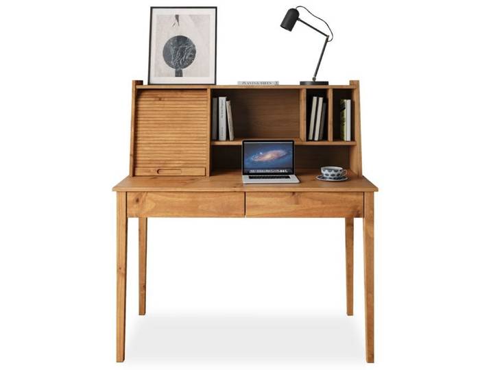 Bureau Secrétaire ALISA en Bois Massif avec 2 Tiroirs 1 Volet 4 Niches 114 x 122 x 54 cm Couleur Chêne
