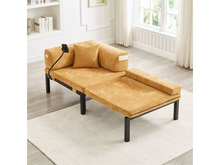 Canapé-lit pliant bois massif multifonctionnel une place lit gigogne 176x81x64cm couleur jaune pour intérieur salon chambre