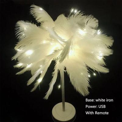 Inspired Living Feather Table Lamp With Remote Control, USB Table Lamp, Warm White LED Bedside Light base Iron Usb White