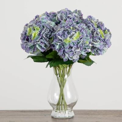 Nearly Natural "20"" Artificial Hydrangea Arrangement in Glass Vase - Blue"