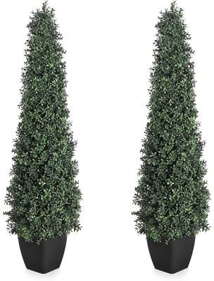 YUN Artificial Boxwood Topiary Trees, Cone Shape Faux Plants with Black Planter, Set of 2 for Porch or Indoor Decoration