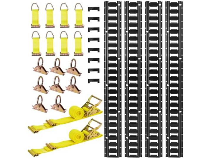 VEVOR Kit Rails Arrimage E-Track\, 4 Rails E Track 2\,3 m\, 26 Accessoires Comprenant 2 Sangles à Cliquet\, 8 Joints Toriques\, 8 Attaches avec Anneau en D\, 8 Embouts\, pour Fourgons\, Remorques\, Garages