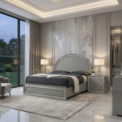 Benjara Cyl Queen Bed, Metallic Gray, Scale Molded Trim, Rubberwood, LED Lit