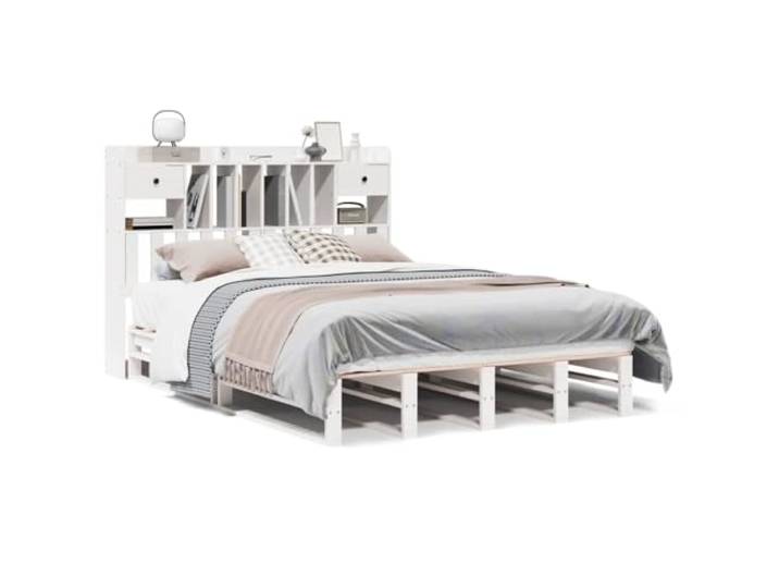 PUGYNBK Bett mit Regal ohne Matratze, Massivholz, Weiß, 160 x 200 cm Kopfteil mit Regal, Lattenrost im Lieferumfang enthalten, Kiefer massiv, platzsparend, Schlafzimmer