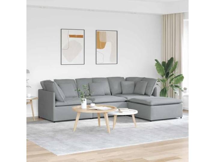 pokgdf Modulares Sofa mit Fußhocker, Stoff Hellgrau 4-teilig, Metallrahmen, Holzarmlehnen, Textilene-Sitzflächen, Schaumstofffüllung, flexibel konfigurierbar