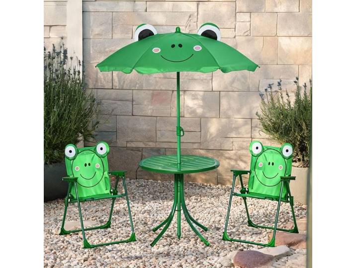 Salon de jardin enfant 4 pièces motif grenouille - table ronde 2 chaises pliantes et parasol - structure métal vert