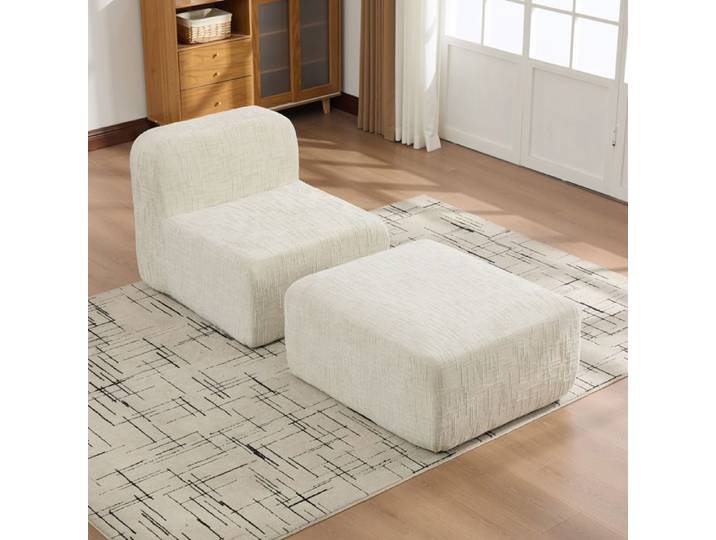 Chauffeuse de Salon avec Pouf Repose-pieds - Fauteuil Lounge - Canapé 1 Place en Chenille Beige