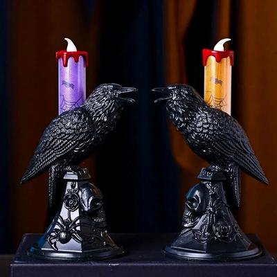 Inspire Curations Glowing Black Crow Candlestick LED Candle Halloween Gothic Table Decor b