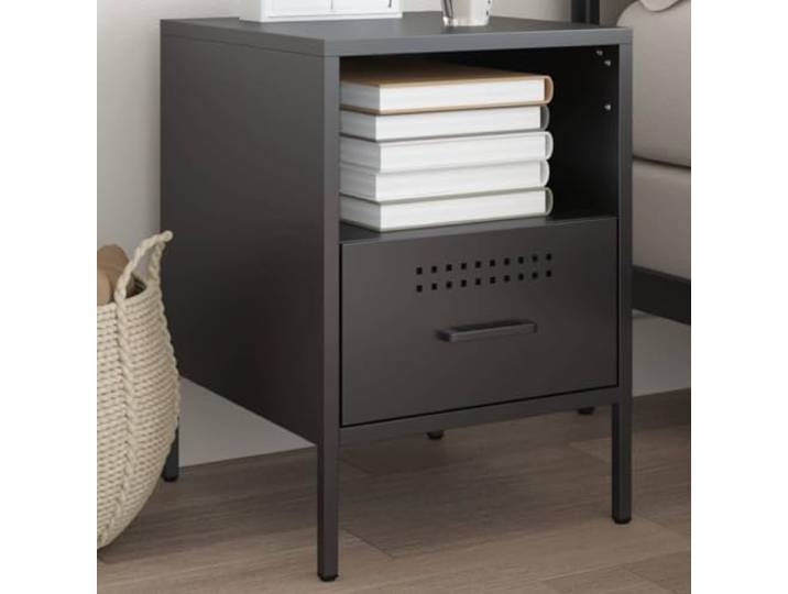 HEFZGDB Industrie-Stil Nachttisch Schwarz 36x39x50,5 cm aus Stahl mit verstellbaren Füßen und Stauraum, robuster Metall Beistellschrank für Wohnzimmer