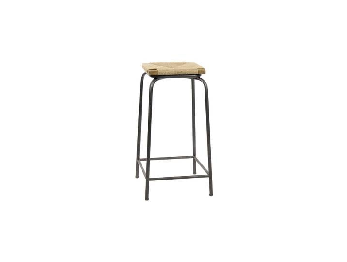 Tabouret en métal et rotin beige, carré, paillage serré, pieds re
