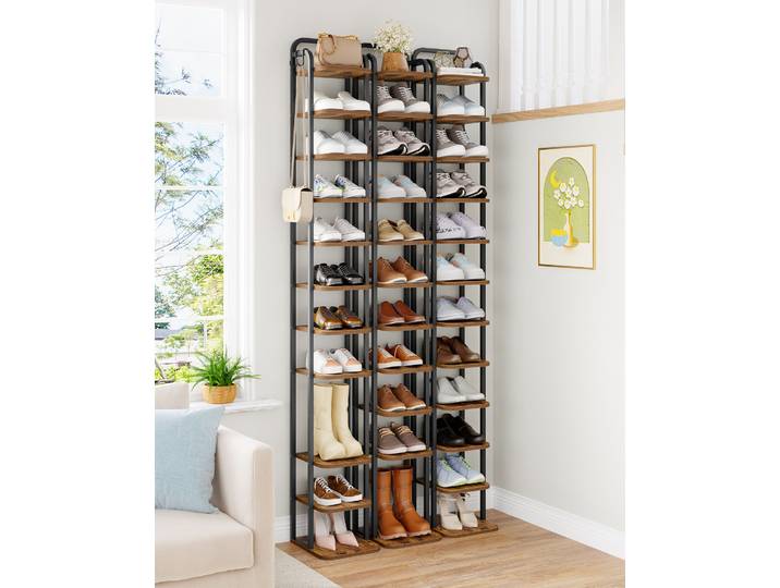 Étagère à chaussures verticale, étagères à chaussures à 12 niveaux, tour à chaussures pour petits espaces, autoportante, réglable, peu encombrante, marron et noir