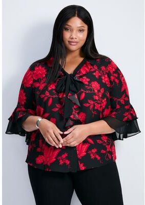 Plus Size Women's Cassie Frill Shirt by Avenue in Scarlet Bloom (Size 18)