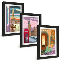 BILDER SET 3er Set - 20x30 cm Schwarzer Rahmen - Ansichten Paris London Retro