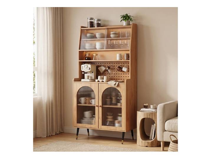 Jiexi Highboard Highboard 160cm Küchenschrank mit Lochwand & Riffelglas Eiche