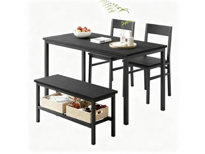 Hapterouse Essgruppe 4-teilig Metall 2 Stühle Sitzbank Esstisch Schwarz Esstisch, 2 Stühle, Sitzbank, Ablagefach, Kompakte Bauweise