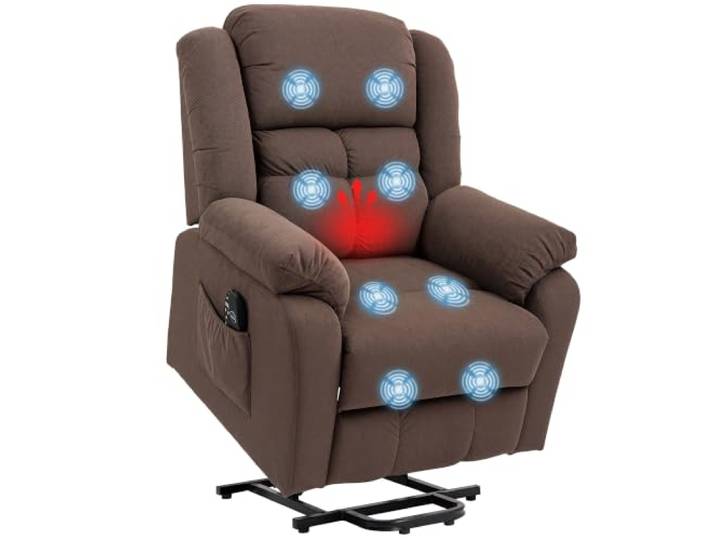 HOMCOM Fernsehsessel mit Aufstehhilfe Elektrischer Relaxsessel Dunkelbraun Massagesessel, TV-Sessel mit Liegefunktion, Wärmefunktion, Massagefunktion, Fernbedienung, USB-Anschluss, Seitentasche
