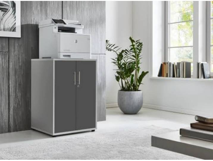 BMG Möbel Druckerschrank Bürokommode 74 cm hoch mit 2 Türen, 3 Einlegeböden, optimal als Erweiterung für Schreibtische wählbar in 26 verschiedenen Farbkombinationen (Grau - Anthrazit Matt)