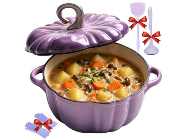 2026 Neu Kürbis Gusseisen Topf Halloween Emaille mit Deckel, Backofengeeignet bis 260°C, Heavy Lid Seals Moisture, Easy Clean für Suppen und Eintöpfe (B,25CM)
