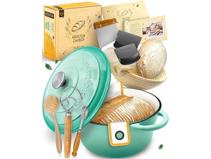KRUSTENZAUBER Brotbackform mit Deckel im XXL-Set für selbstgebackenes Brot Großes Brotbackset als Geschenk mit Gärkorb, Brotbackzubehör & Anleitung für den sicheren Einstieg und das erste eigene Brot