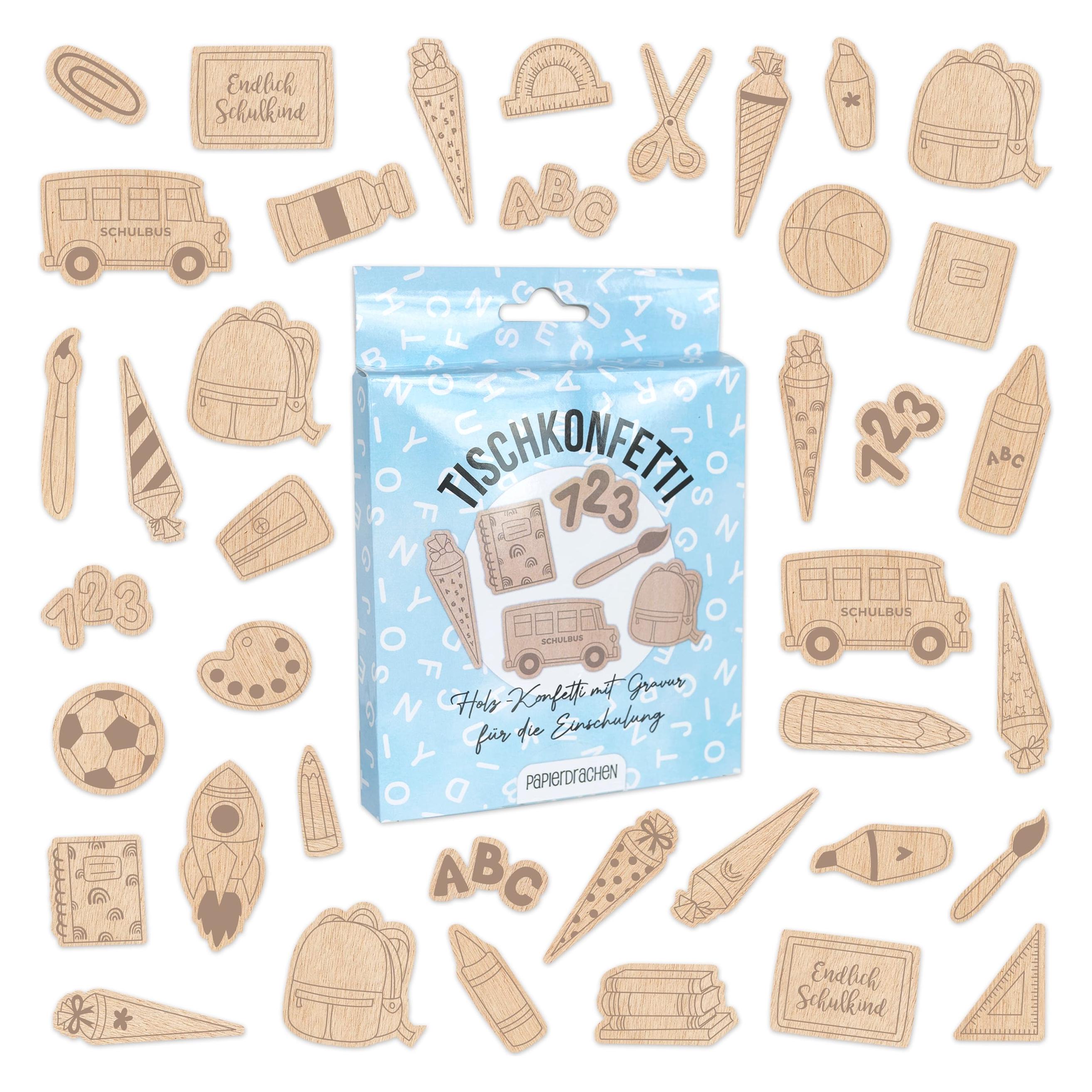 Papierdrachen Holztischkonfetti Schule mit Gravur (Pappelholz) - Set 3 (40 Stk.) (B270-018-003)
