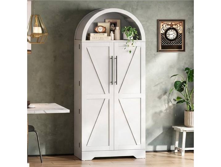Meuble de rangement haut arqué 70x40x165 cm 5 niches portes - MDF blanc épuré