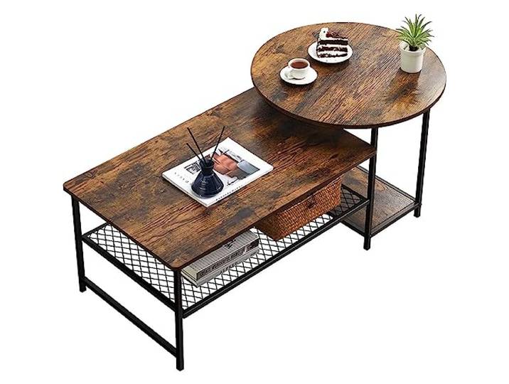 BAKAJI 2-in- teilbares Kaffeetisch-Set, teilbar, mit 4 Ablagen, niedriger Tisch, industrielles Design, ideal für Wohnzimmer, Büro, Schwarze Struktur und Ablagen aus Walnussholz