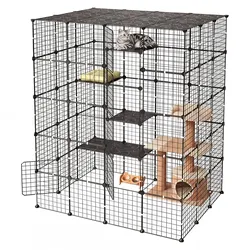 VEVOR Katzenkäfig Katzengehege 5-Stock Katzenauslauf 139,7x104,1x175,2cm, DIY-Katzenlaufstall Abnehmbarer Metallkäfig mit 5 Türen Ideal für 2-3 Katzen & Kleintiere Schwarz