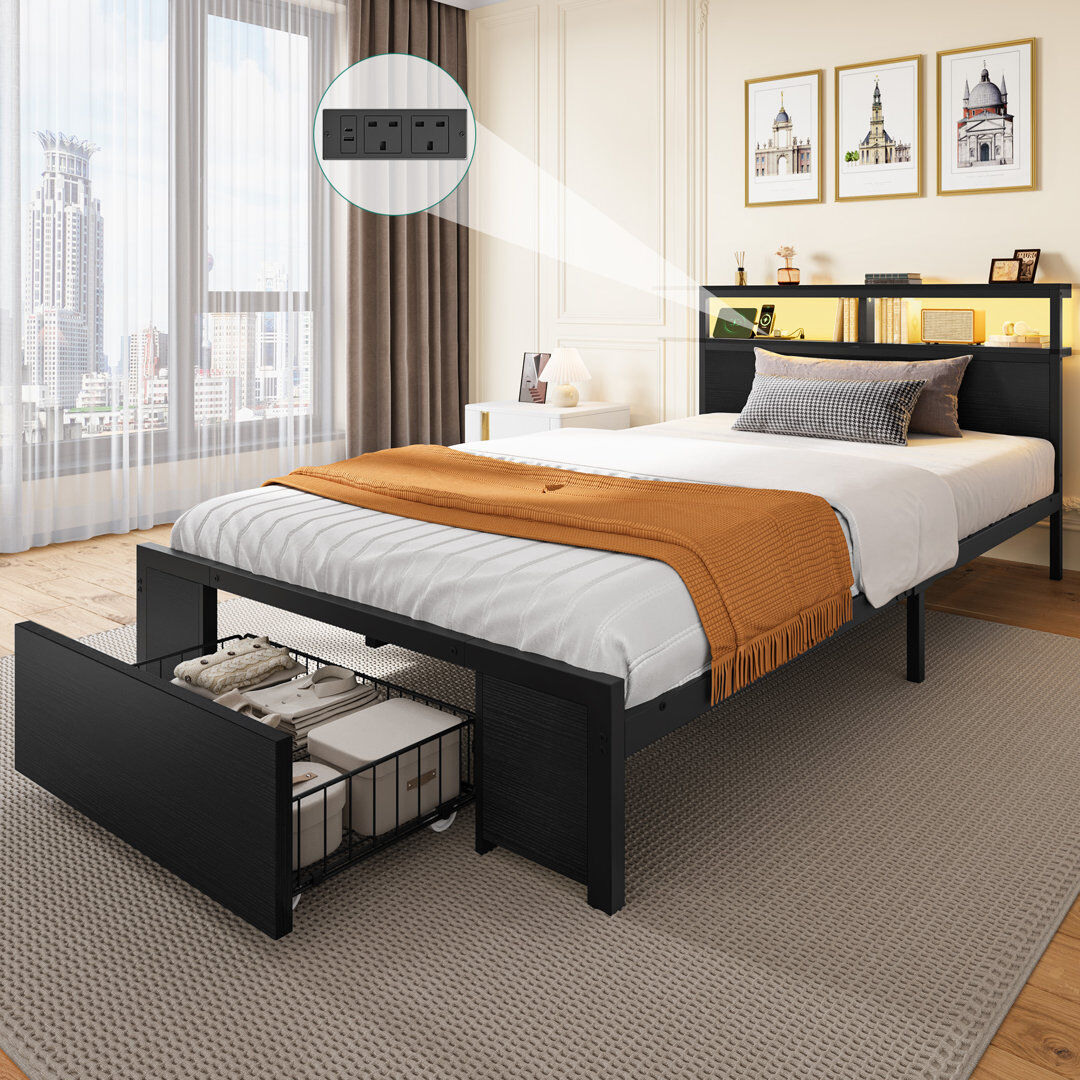 Balconera European Double (140 x 200 cm) Iron Drawers Bed Frame Black 96cm H X 135cm W X 203cm L