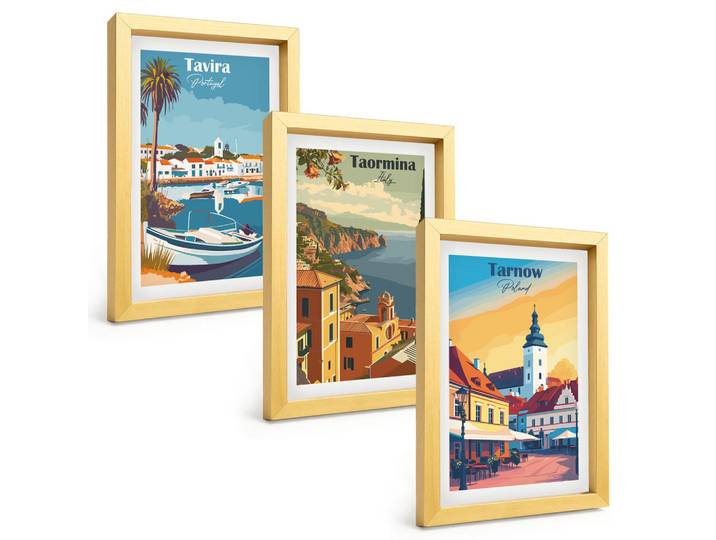 Tulup Bilder SET 3er Set - 20x30 cm Goldrahmen - Ansichten von Küstenstädten, Goldfarben, Kunststoff, Rechteckig, 20x30 cm, einfache und schnelle Anbringung, Bilder & Rahmen, Bilder