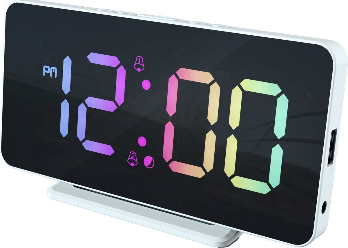 Caliber HCG024 Digitale Wekker met 2 Alarmtijden en Dimbaar Meerkleurig Display - Wit