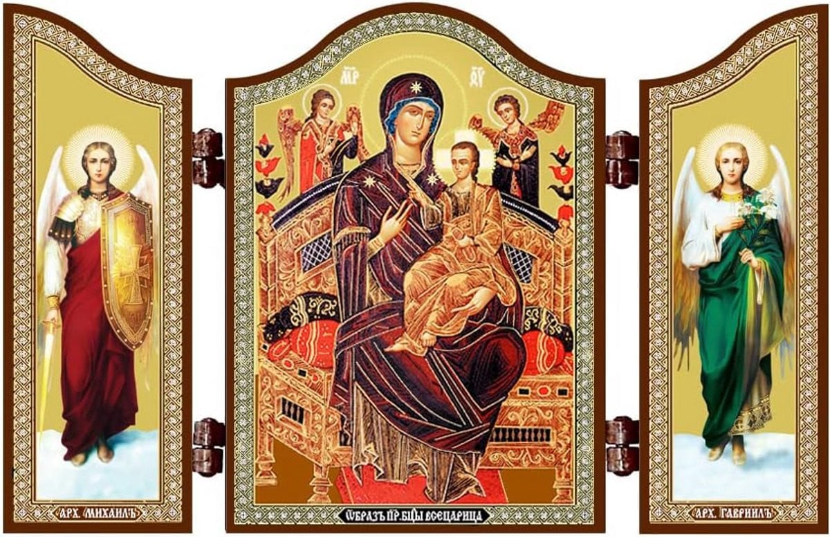 Orthodox Houten Drieluik Icoon Moeder van God met Reliëfdecoratie