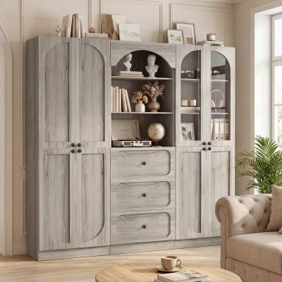 Rackcog Modern Arched Bookcase Set with Drawers and Doors, Combinable Display Storage System Kitchen Pantry Oragnizer
