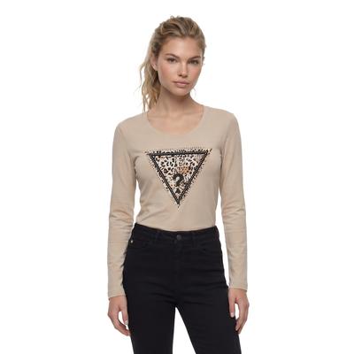 Langarmshirt GUESS "LS CN SAVANNA LEOPARD TRIANGLE", Damen, Gr. S, prosecco, Single Jersey, Obermaterial: 95% Baumwolle, 5% Elasthan, bedruckt, slim fit hüftlang, Rundhals, abgesteppte Kante, Shirts Langarmshirt, mit markantem Logodesign, Slim Fit