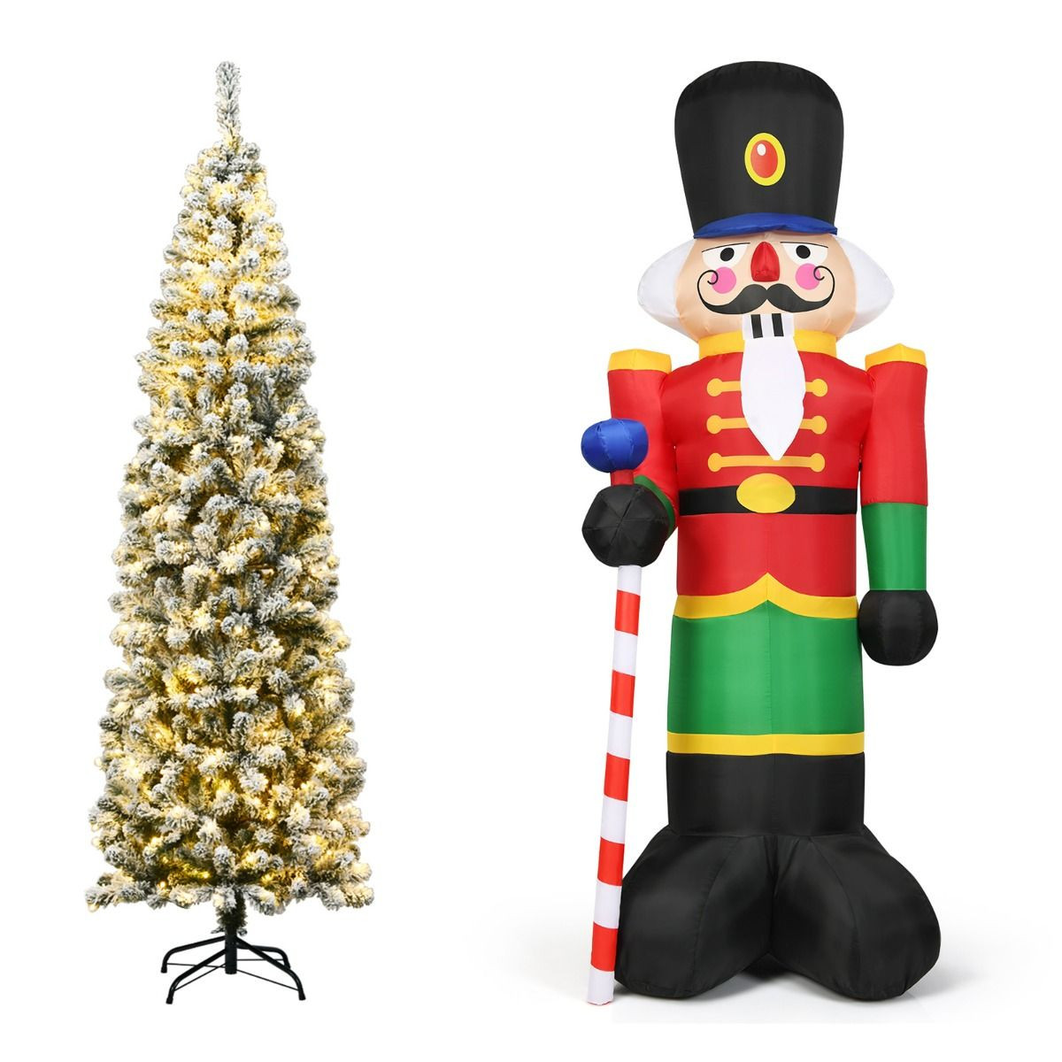 Costway Kunstmatige Kerstboom van 225 cm en Opblaasbare Notenkraker van 2,4 m Besneeuwde Spar met Verlichting en Kerstversiering