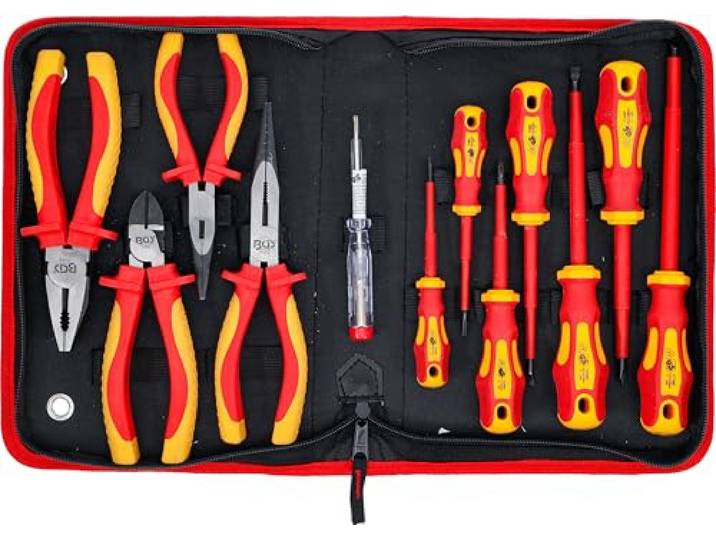 BGS 7140 Jeu de pinces/tournevis d’électricien VDE 12 pièces Pince combinée\, pince coupante latérale\, pince téléphonique\, fente et pH\, testeur de tension 120-250 V\, pochette zippée