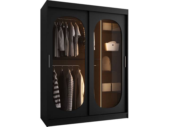 MIRJAN24 Kleiderschrank Bahrajn 150, Schwebetürenschrank, Garderobe (Farbe: Schwarz, Größe: 150 cm, mit Weisser LED Beleuchtung)