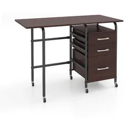 COSTWAY Klappbarer Computertisch, 3 Schubladen & Rollen, Metallrahmen, platzsparend für kleine Räume, 105x50x75 cm