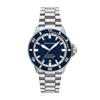 Automatikuhr EMPORIO ARMANI, silber (silberfarben, dunkelblau), Armbanduhren, Herren, Automatikuhr, Armbanduhr, Herrenuhr, Mechanische Uhr, Edelstahlarmband, analog, Tag