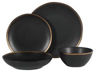 Gibson Elite Kings Road Double Plates and Bowl Round Porcelain Dinnerware Set - Matte Black W/ Gold Rim