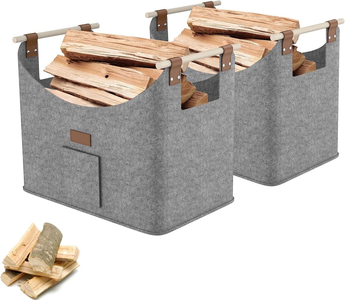 Set van 2 grote opvouwbare vilten manden voor haardhout en opslag met houten handvatten