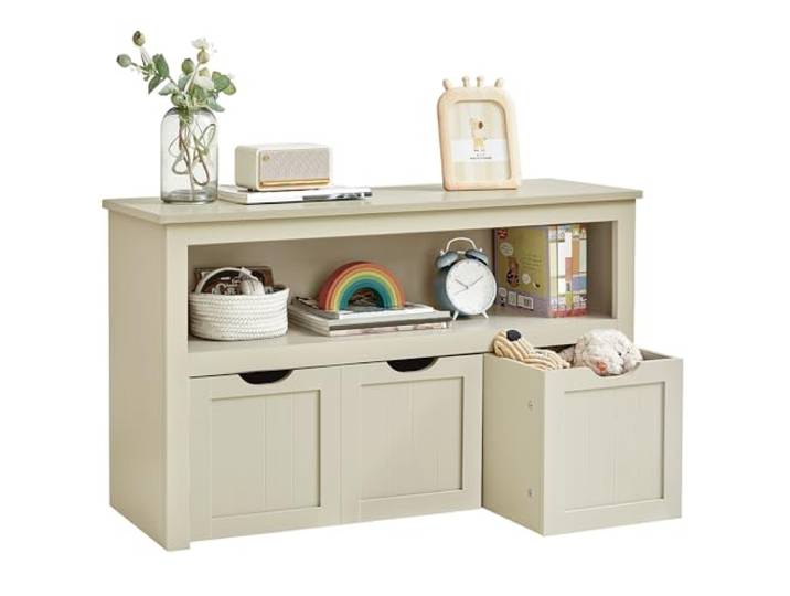 VASAGLE Kinderregal, Spielzeugaufbewahrung mit Rollen, 30,2x102x60 cm Aufbewahrungsschrank, Spielzeugschrank, Kinderzimmer, Sandbeige, HELAN Kollektion LHS380LH01
