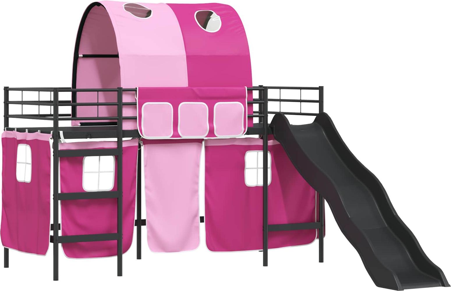 Etagenbett für Kinder mit Vorhängen Schwarz und Pink