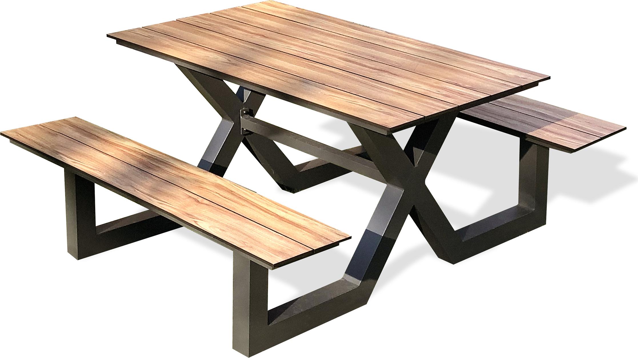 Gartentisch 6 Personen, Aluminium mit HPL Platte, Holzeffekt