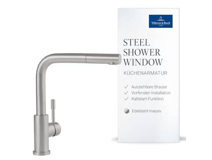 Villeroy & Boch Steel Shower Window Küchenarmatur, Höhe 272 mm – Edelstahl Ausziehbare Handbrause, Kaltstart-Funktion, Vorfenster-Installation, Hochdruck, 969901LC