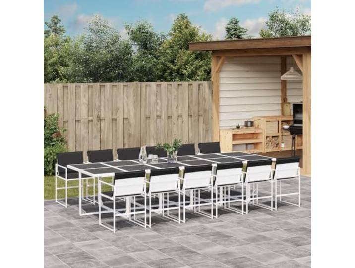 KTHLBRH Gartenmöbel-Set, 13-teilig, weiß, mit Kissen Strapazierfähiges Textilene , Klappstühle, Glastisch, pulverbeschichteter Stahl